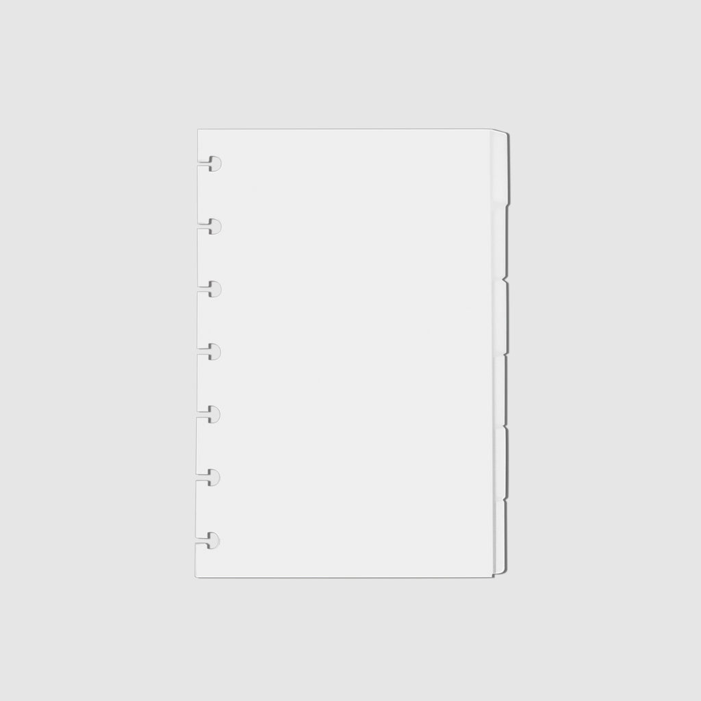 Blank Side Tab Planner Dividers, Glass Plastic, Cloth and Paper. Dividers displayed on a white background.
