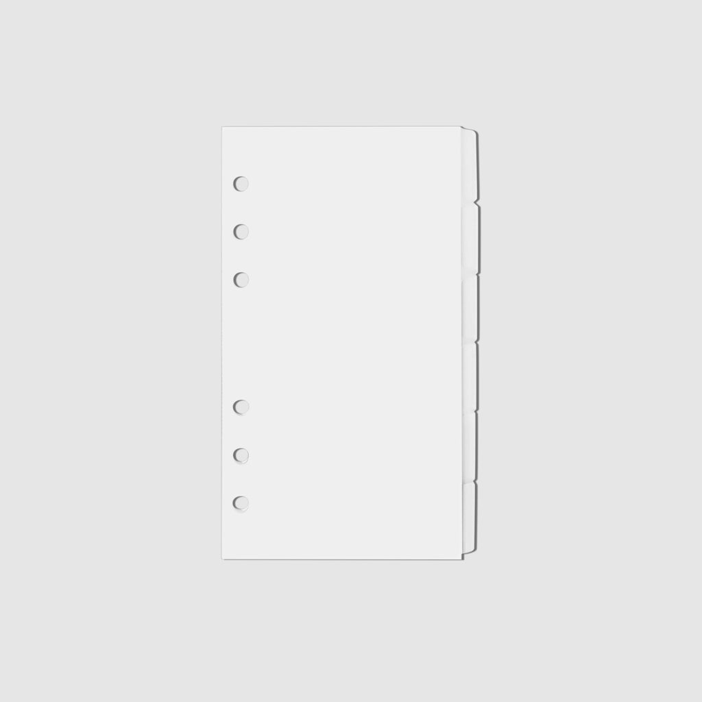 Blank Side Tab Planner Dividers, Glass Plastic, Cloth and Paper. Dividers displayed on a white background.