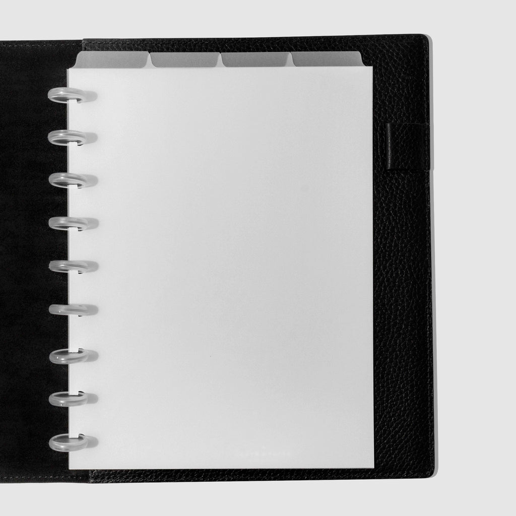 HP Classic  Dividers in use inside a black leather planner.