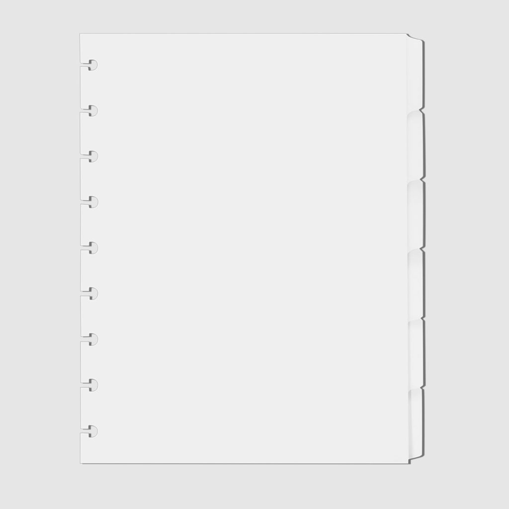 Blank Side Tab Planner Dividers, Glass Plastic, Cloth and Paper. Dividers displayed on a white background.