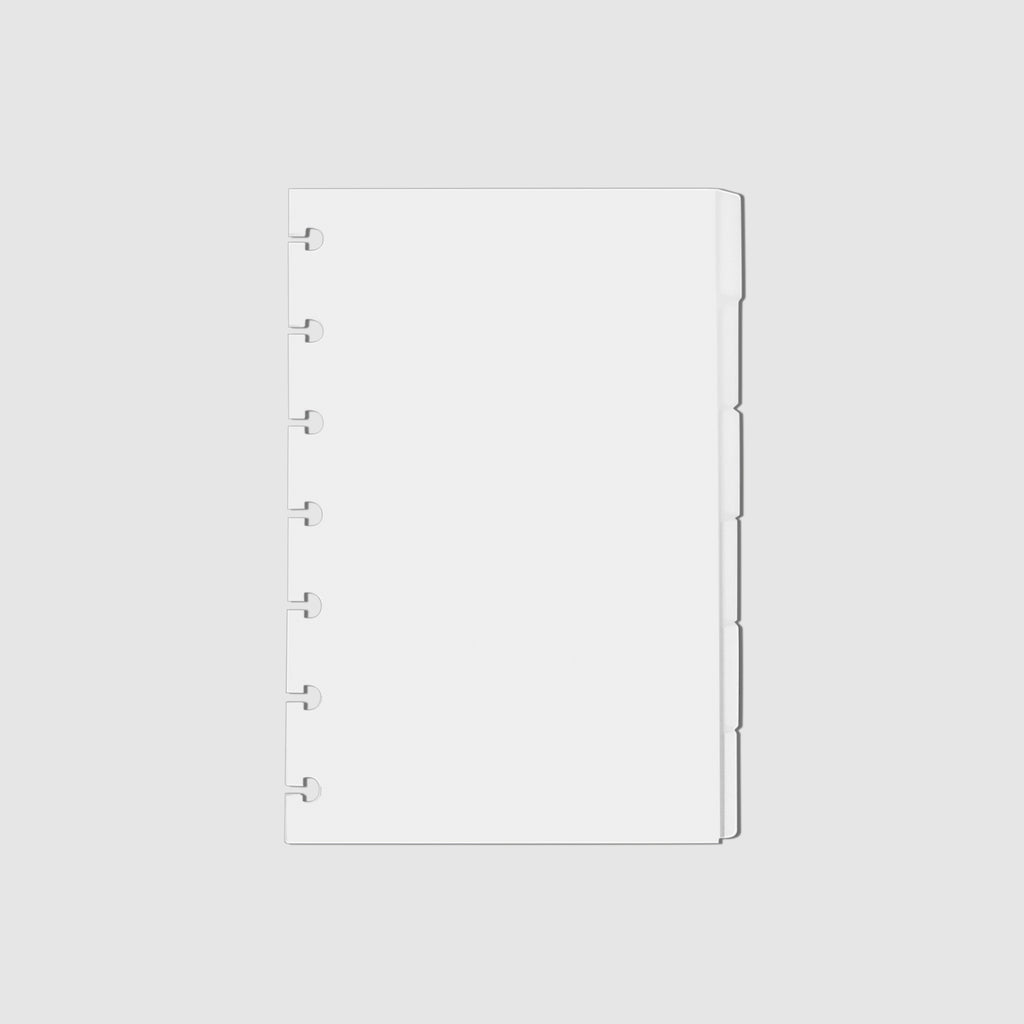 Blank Side Tab Planner Dividers, Glass Plastic, Cloth and Paper. Dividers displayed on a white background.