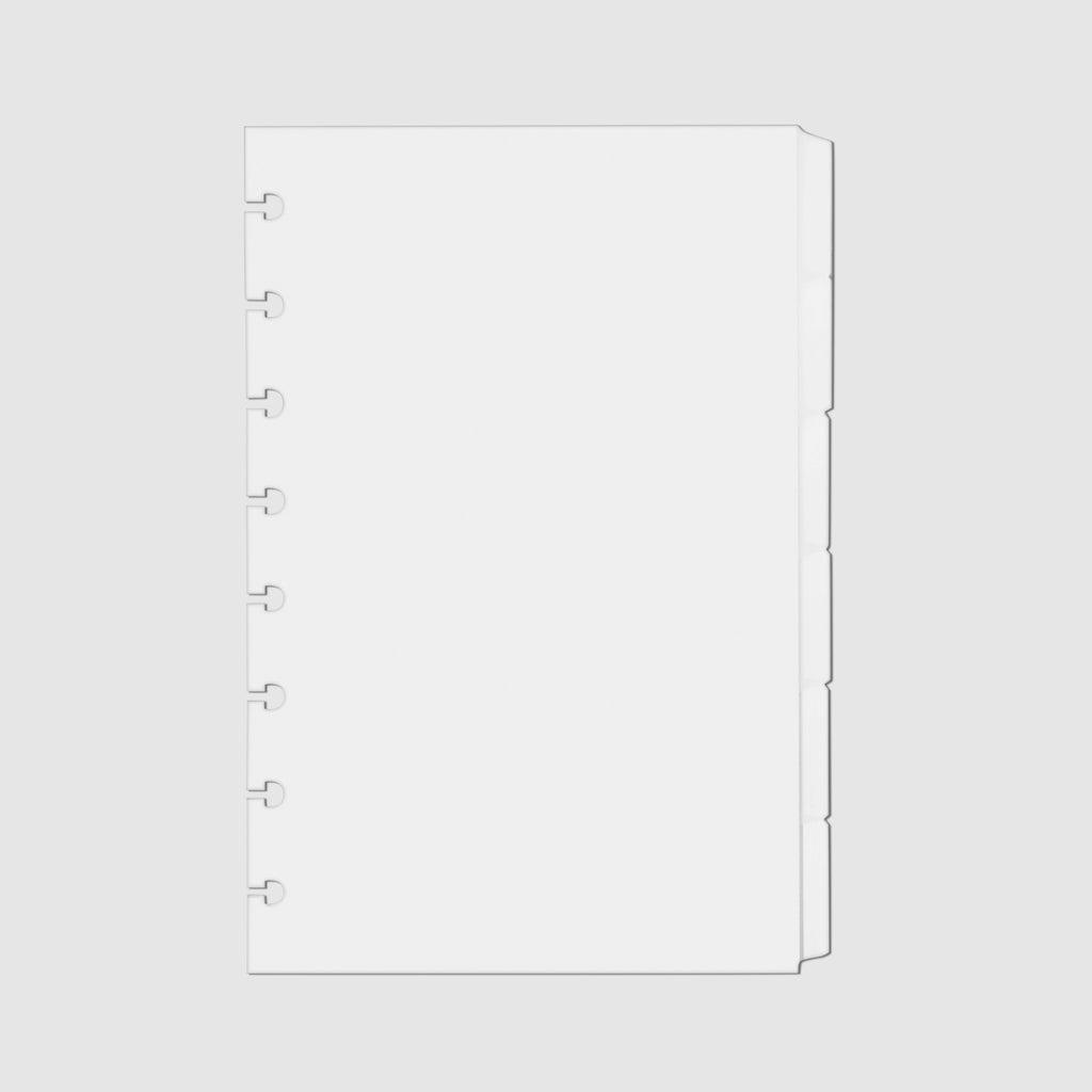 Blank Side Tab Planner Dividers, Glass Plastic, Cloth and Paper. Dividers displayed on a white background.