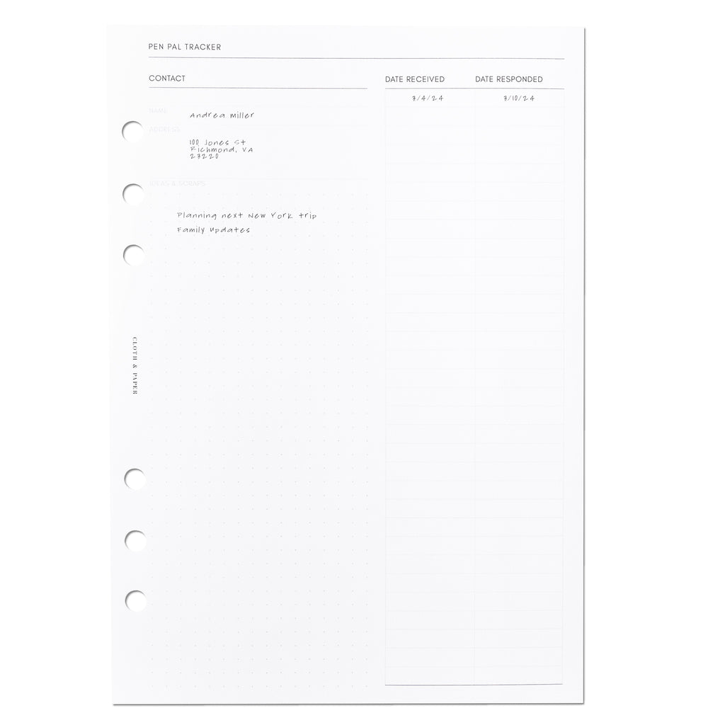 Pen Pal Tracker page shown on a white background.