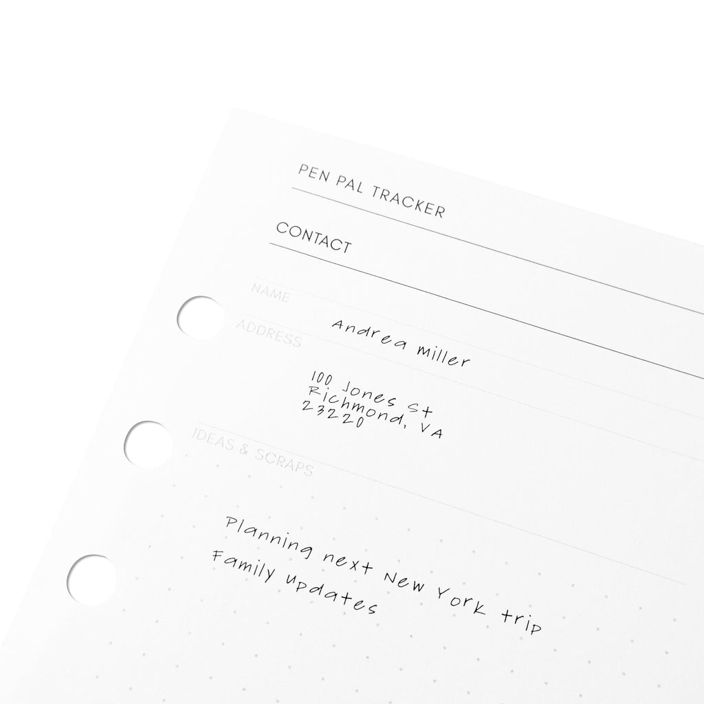 Pen Pal Tracker sheet shown on a white background.