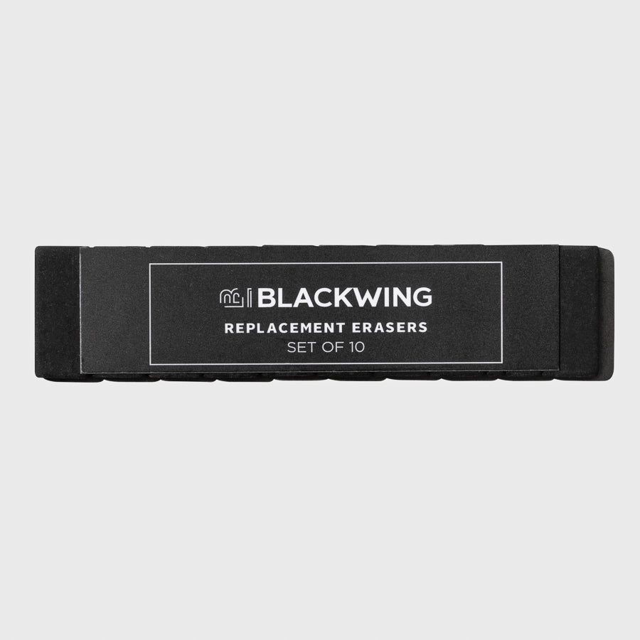 The image shows  the black color variant of a set of 10 blackwing replacement erasers.