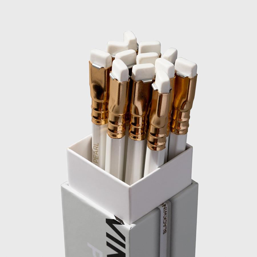 The image shows a set of 12 blackwing pearl pencils packaged inside a box.