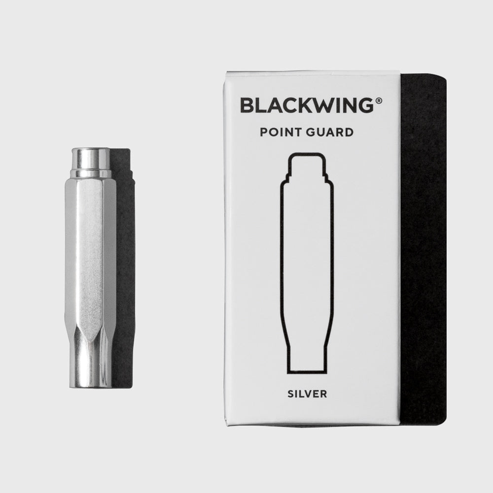 From left to right, the image shows the blackwing point guard in silver next to its box.