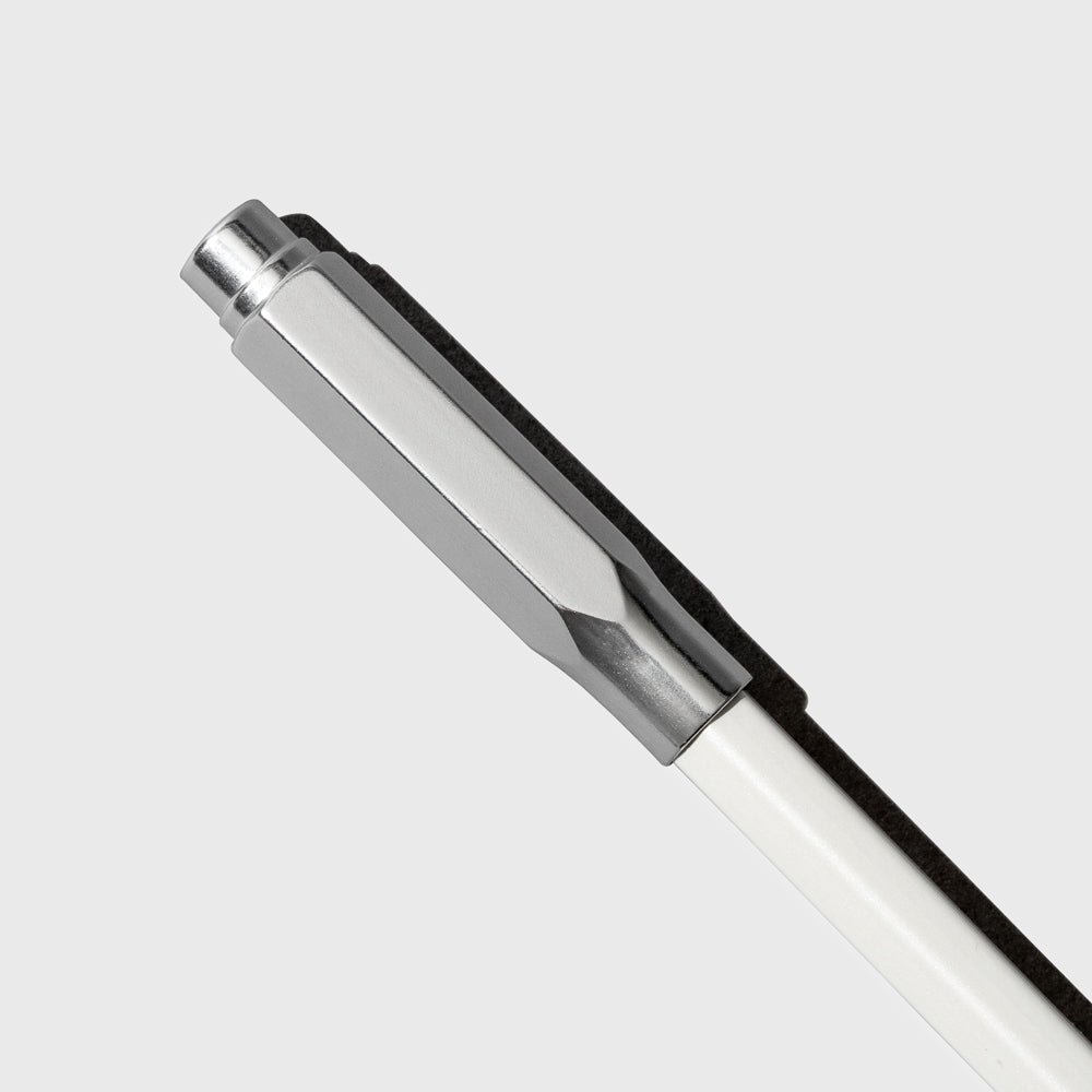 The image shows the blackwing point guard in silver covering the sharpened tip of a white pencil.