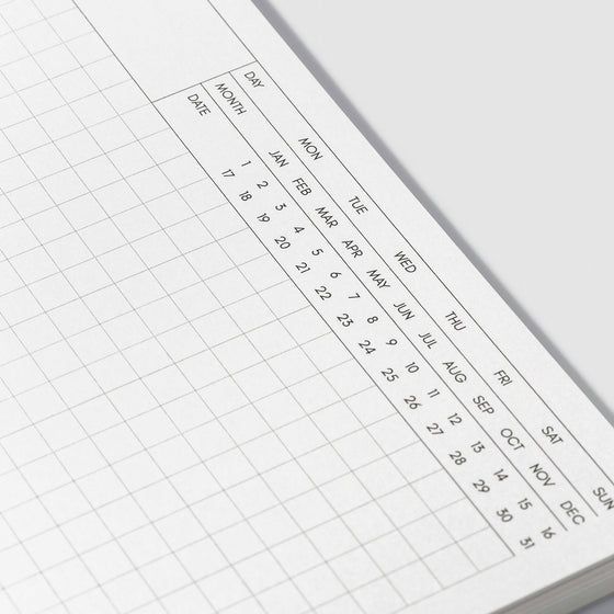 Closeup of dated header and graph paper inside Cafe Noir notebook.