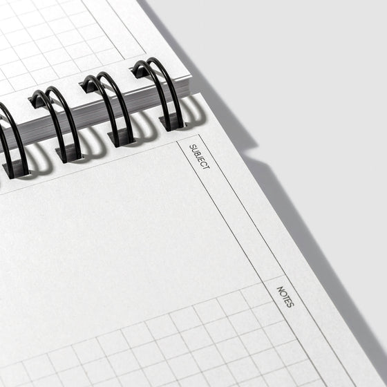 Closeup of Cornell Notes interior of Mykonos notebook. Fields shown are Subject and Notes header.