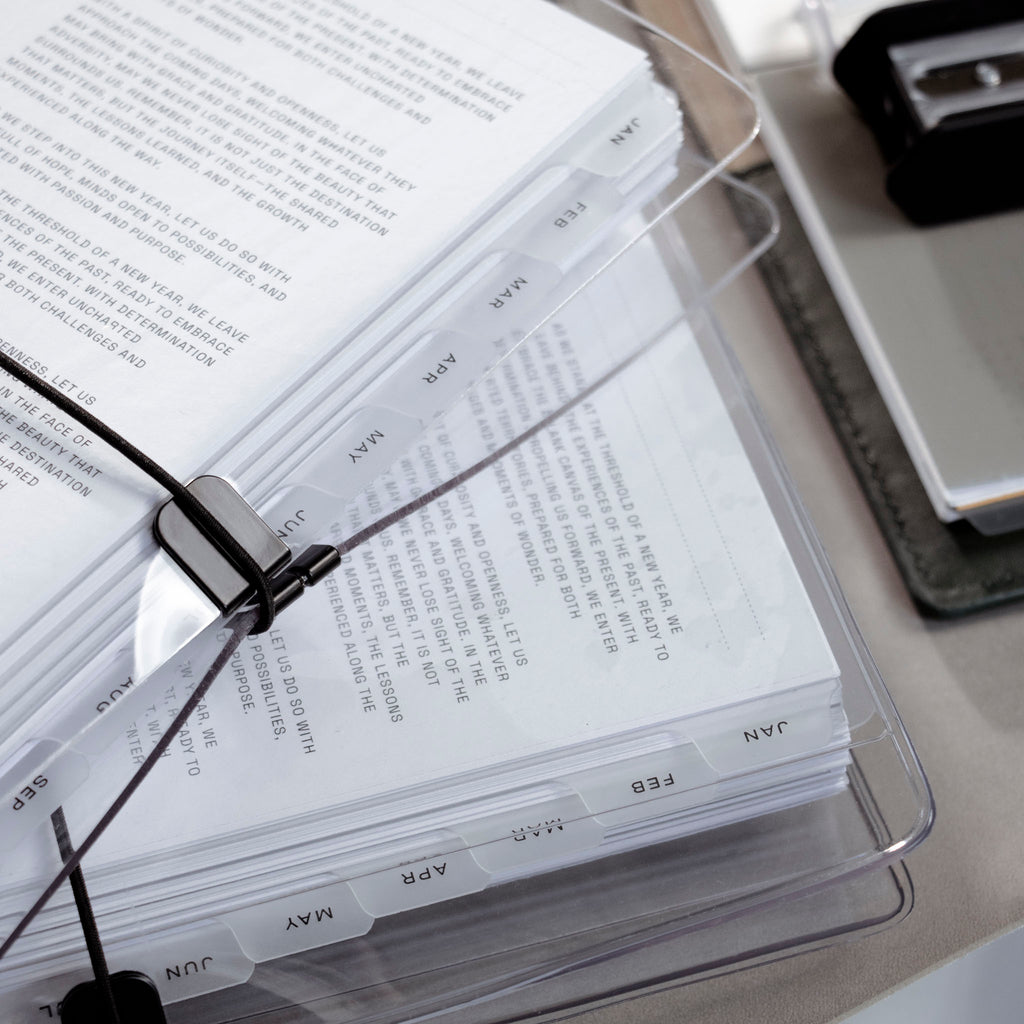 Closeup of two bundles laid on top of each other on a table. The focus is on the top right corner of each bundle, showing its closure mechanism as well as the inserts and monthly tab dividers.