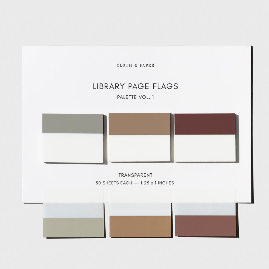 Page flags displayed on a neutral background. One of each design is displayed to show their slight transparency.