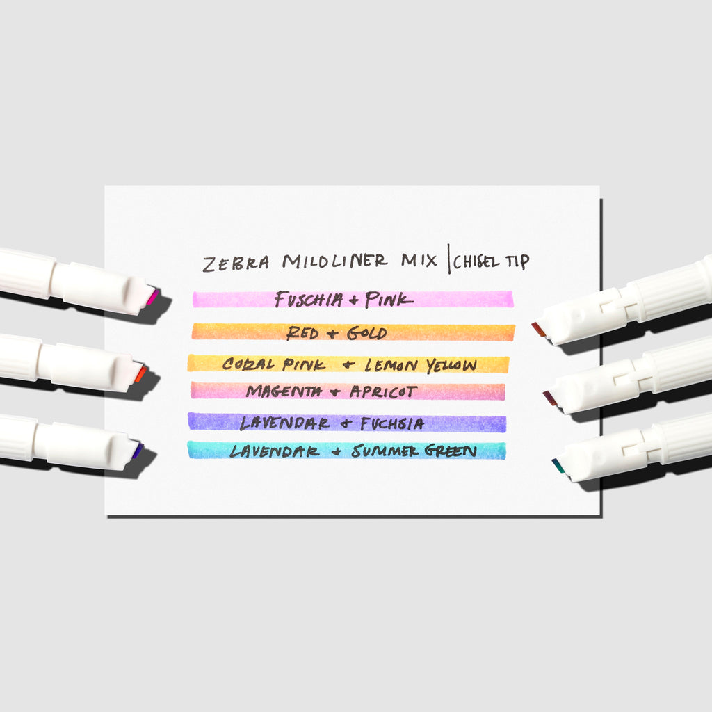 Pen testing sheet showing all color options. Each highlighter is shown on the sides of the pen testing sheet.