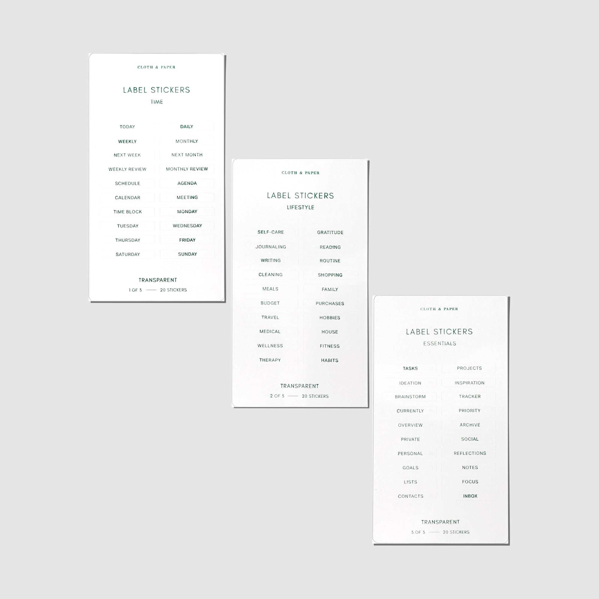 Three heets of stickers displayed on a neutral background - time, lifestyle, and essentials themed.