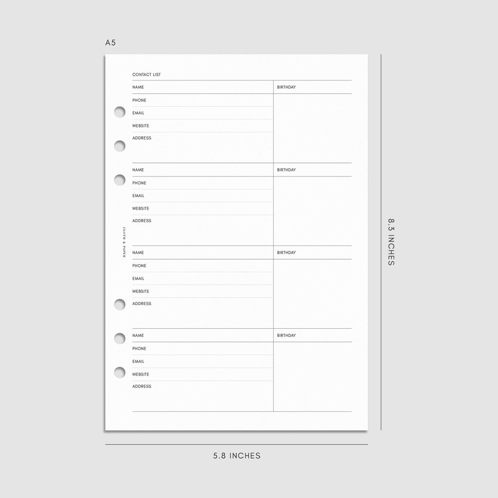 Digital mockup of the 2025 Dated Monthly Planner Insert | Sunday Start showing the contact list. Size shown is A5.