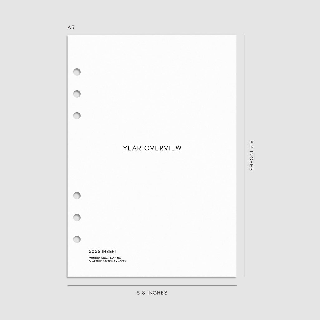 Digital mockup of the 2025 Year Overview Planner Insert showing the front cover. Size shown is A5.