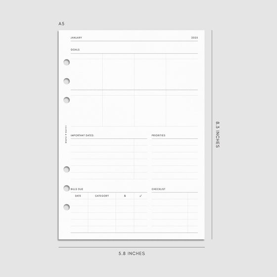 Digital mockup of the 2025 Dated Monthly Planner Insert | Sunday Start showing the goals and priorities page. Size shown is A5.