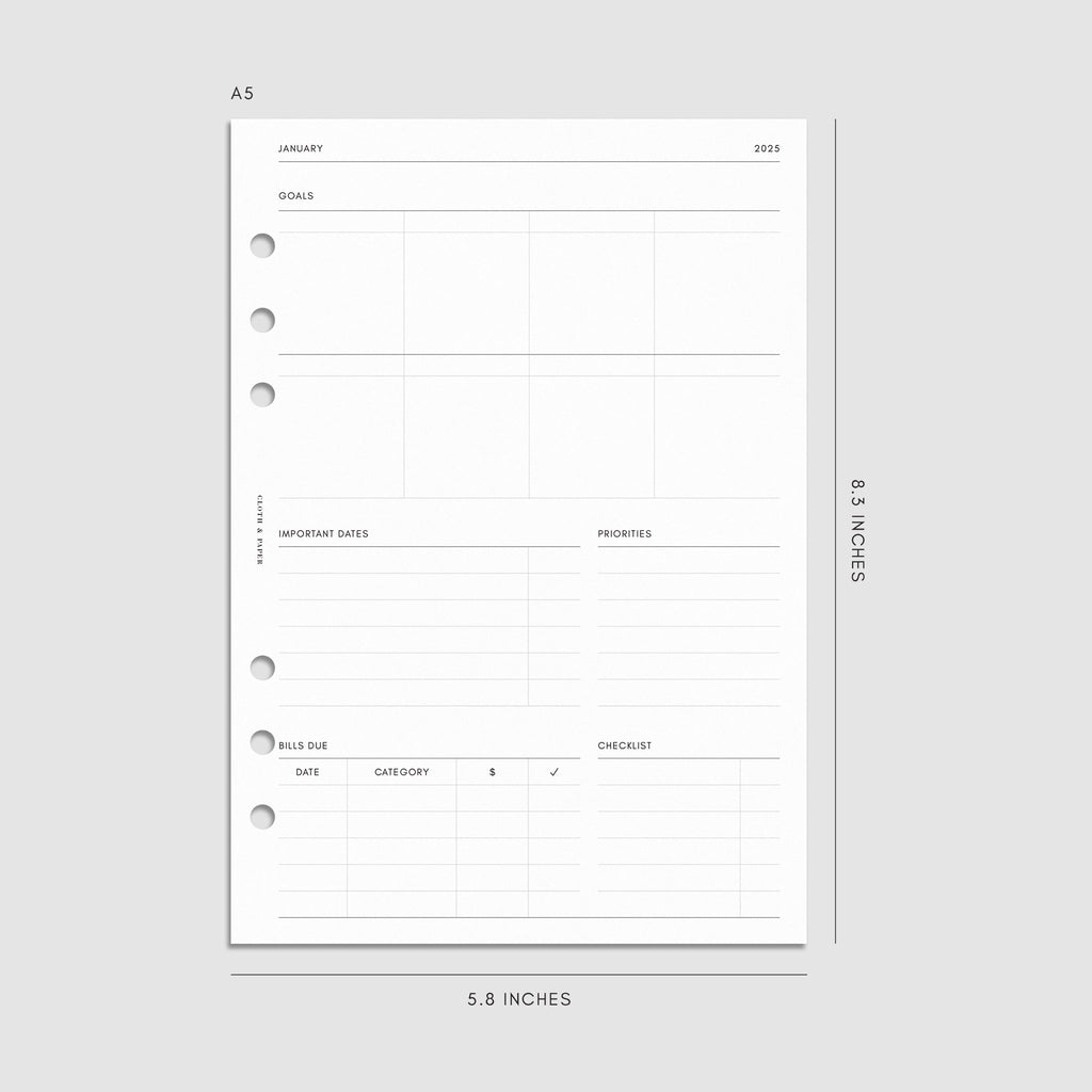 Digital mockup of the 2025 Dated Monthly Planner Insert | Sunday Start showing the goals and priorities page. Size shown is A5.