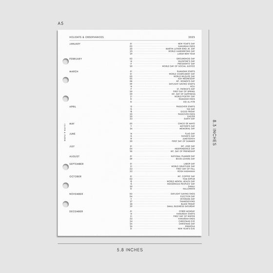 Digital mockup of the 2025 Dated Monthly Planner Insert | Sunday Start showing the holidays and observances page. Size shown is A5.