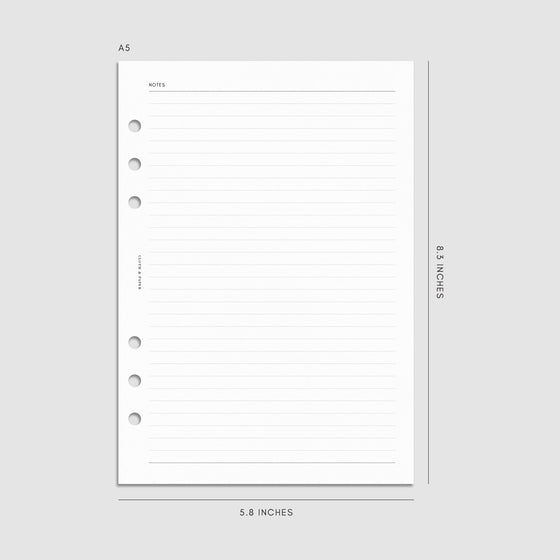 Digital mockup of the 2025 Dated Monthly Planner Insert | Sunday Start showing the lined notes. Size shown is A5.