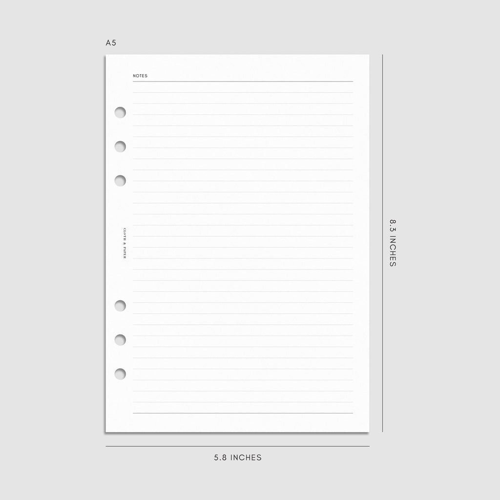 Digital mockup of the 2025 Dated Monthly Planner Insert | Sunday Start showing the lined notes. Size shown is A5.