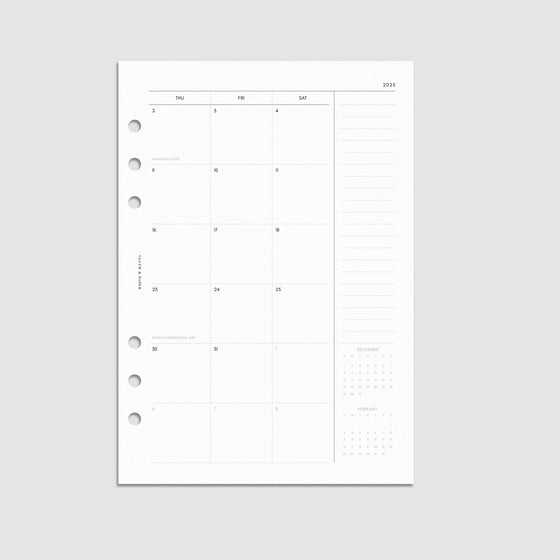 Digital mockup of the 2025 Dated Monthly Planner Insert | Sunday Start showing the to-do list of the monthly calendar spread. Size shown is A5.