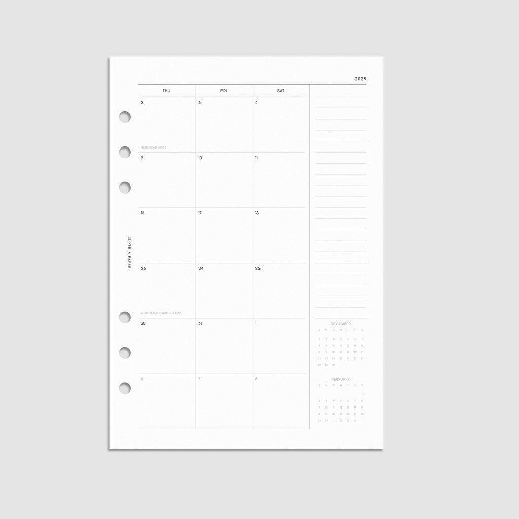 Digital mockup of the 2025 Dated Monthly Planner Insert | Sunday Start showing the to-do list of the monthly calendar spread. Size shown is A5.