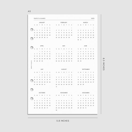 Digital mockup of the 2025 Dated Monthly Planner Insert | Sunday Start showing the year at a glance page. Size shown is A5.