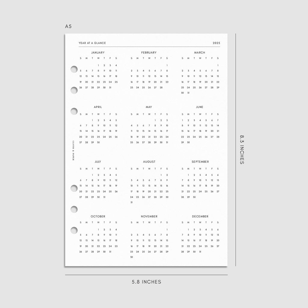 Digital mockup of the 2025 Dated Monthly Planner Insert | Sunday Start showing the year at a glance page. Size shown is A5.