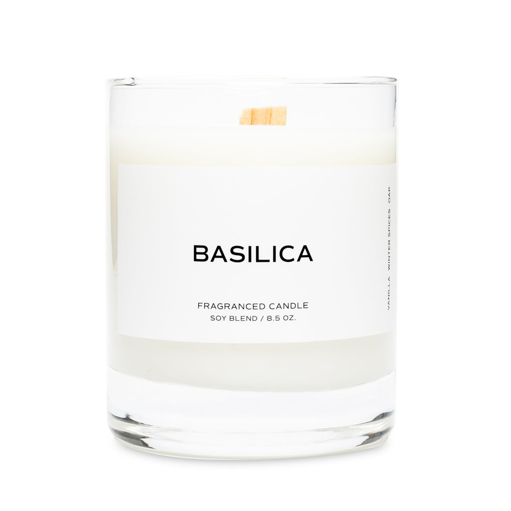 Basilica Candle, Cloth and Paper. Candle displayed with its label facing the camera on a white background. Label reads "Basilica" and the line below reads "Fragranced candle / Soy Blend / 8.5 oz"