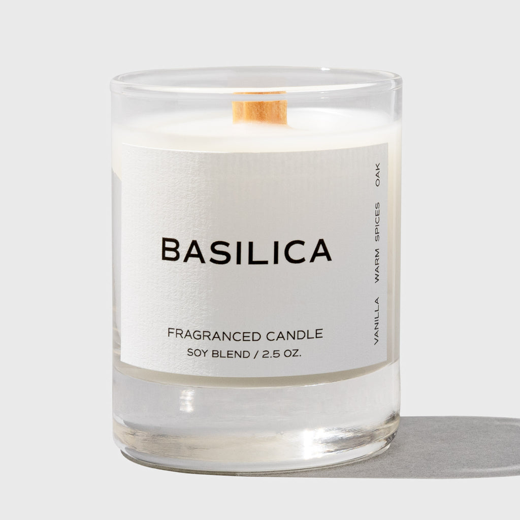 Image shows the Basilica travel candle in 2.5 oz.