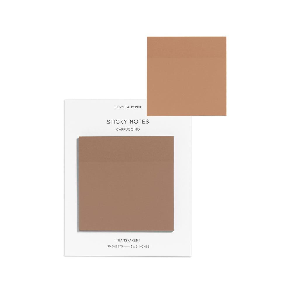 Sticky notes on their backing displayed on a white background. One sticky note is displayed on the corner of the backing to show its transparency. Color pictured is Cappuccino.