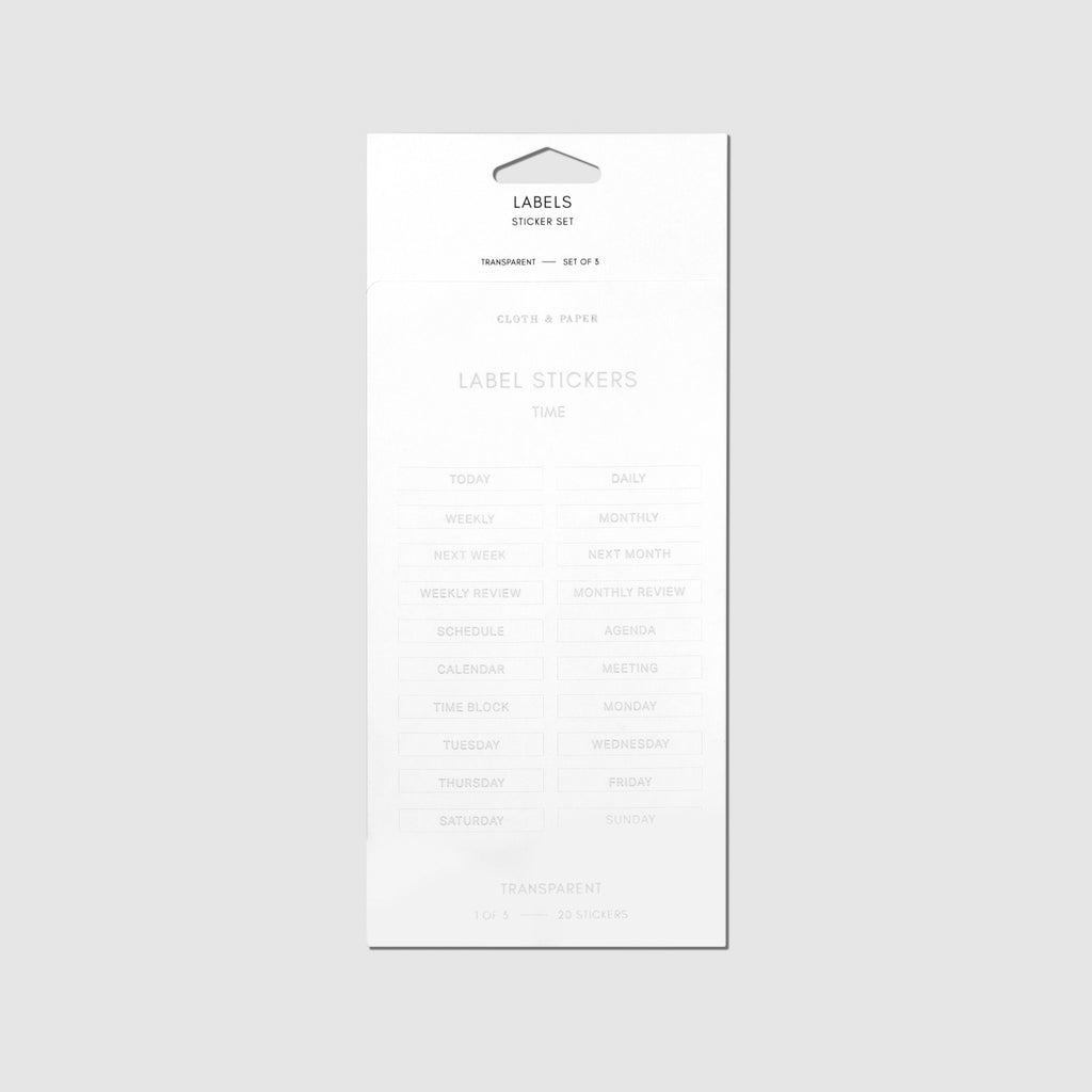 Page one of the Clear Label Stickers featuring our Time categories, displayed on a light gray background