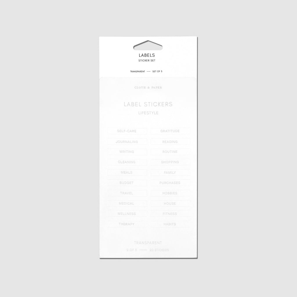 Page two of the Clear Label Stickers featuring our Lifestyle categories, displayed on a light gray background