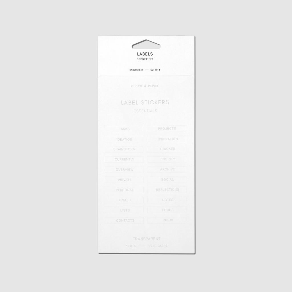 Page three of the Clear Label Stickers featuring our Essentials categories, displayed on a light gray background