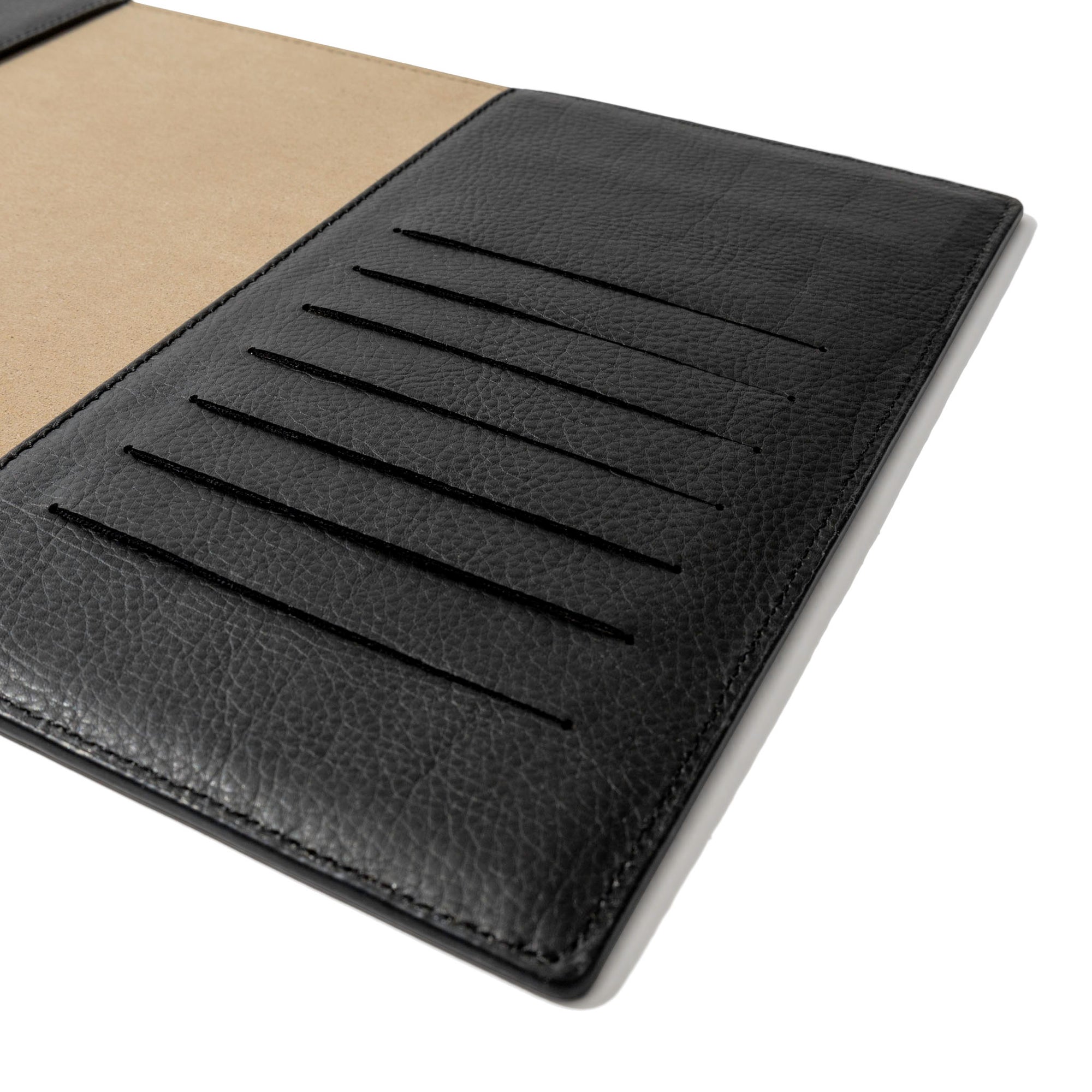 Closeup of folio's credit card slots. Color pictured is mesa black.