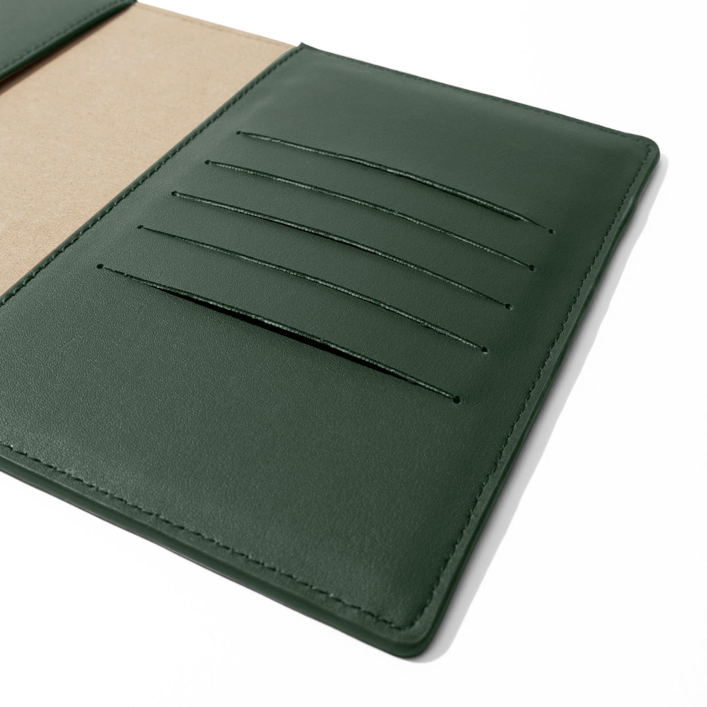 Closeup of folio's credit card slots. Color pictured is valley green. 