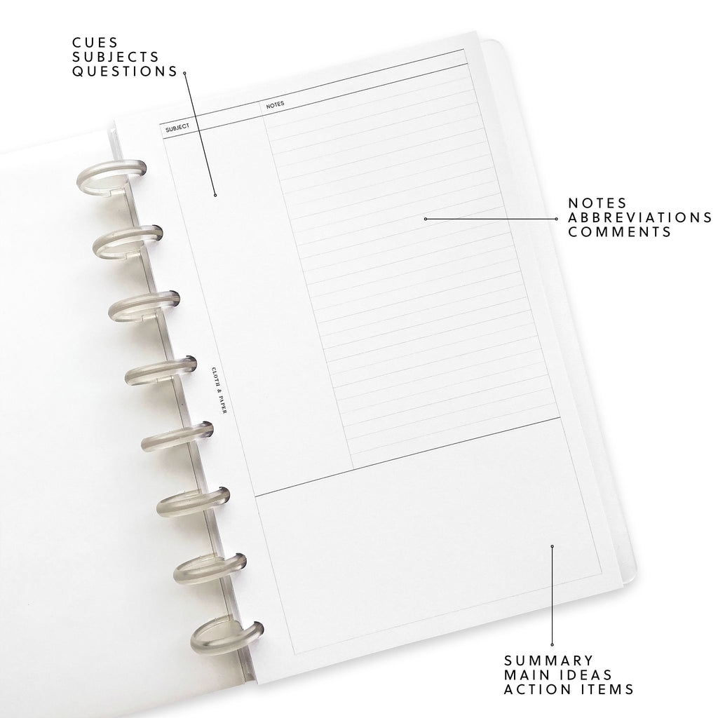 Cornell Style Notes Inserts | 2nd Edition, in a discbound planner, tilted slightly to the left. Annotations for the sections include: Cues, Subjects and Questions; Notes, Abbreviations, and Comments; Summary, Main Ideas and Action Items.