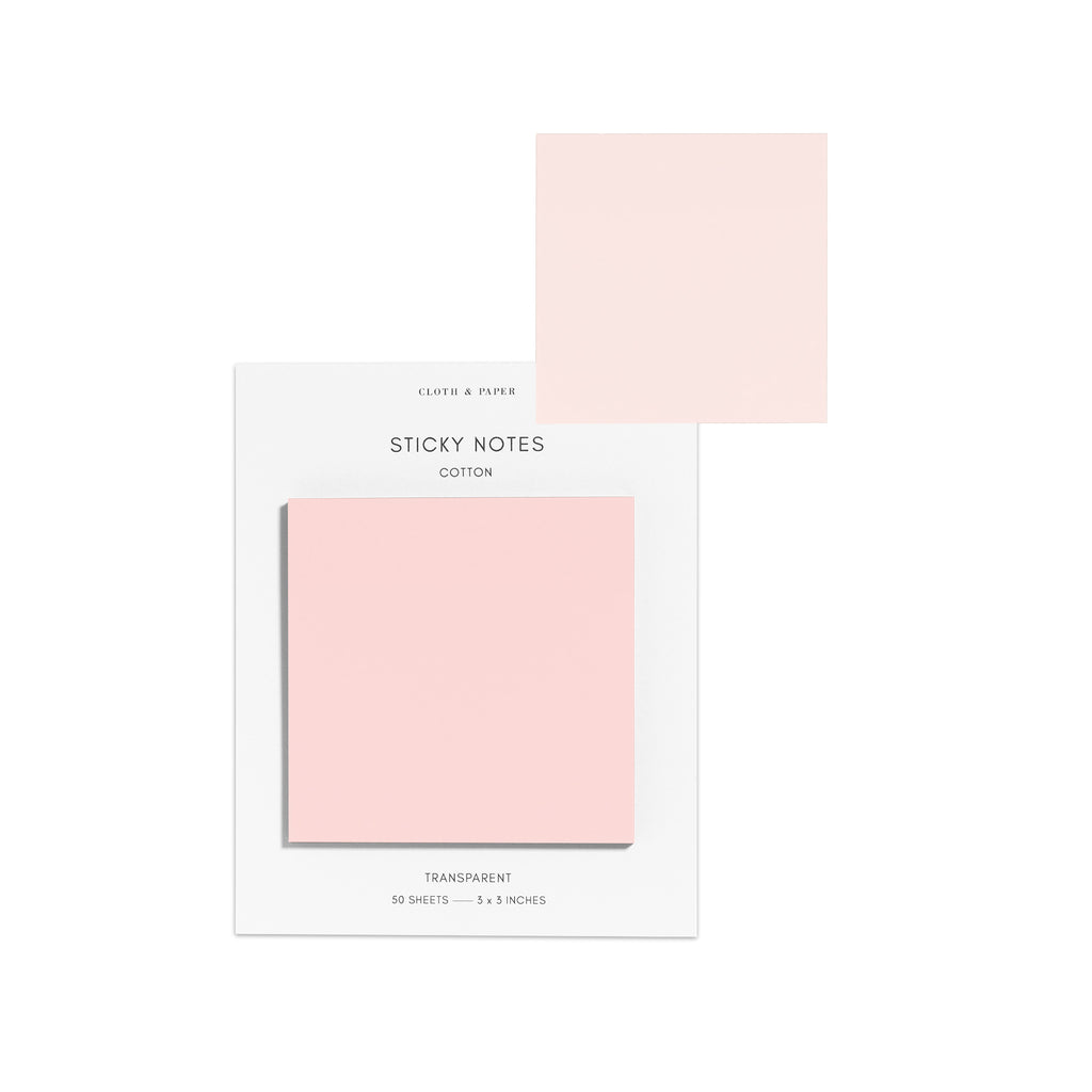 Sticky notes on their backing displayed on a white background. One sticky note is displayed on the corner of the backing to show its transparency. Color pictured is Cotton.