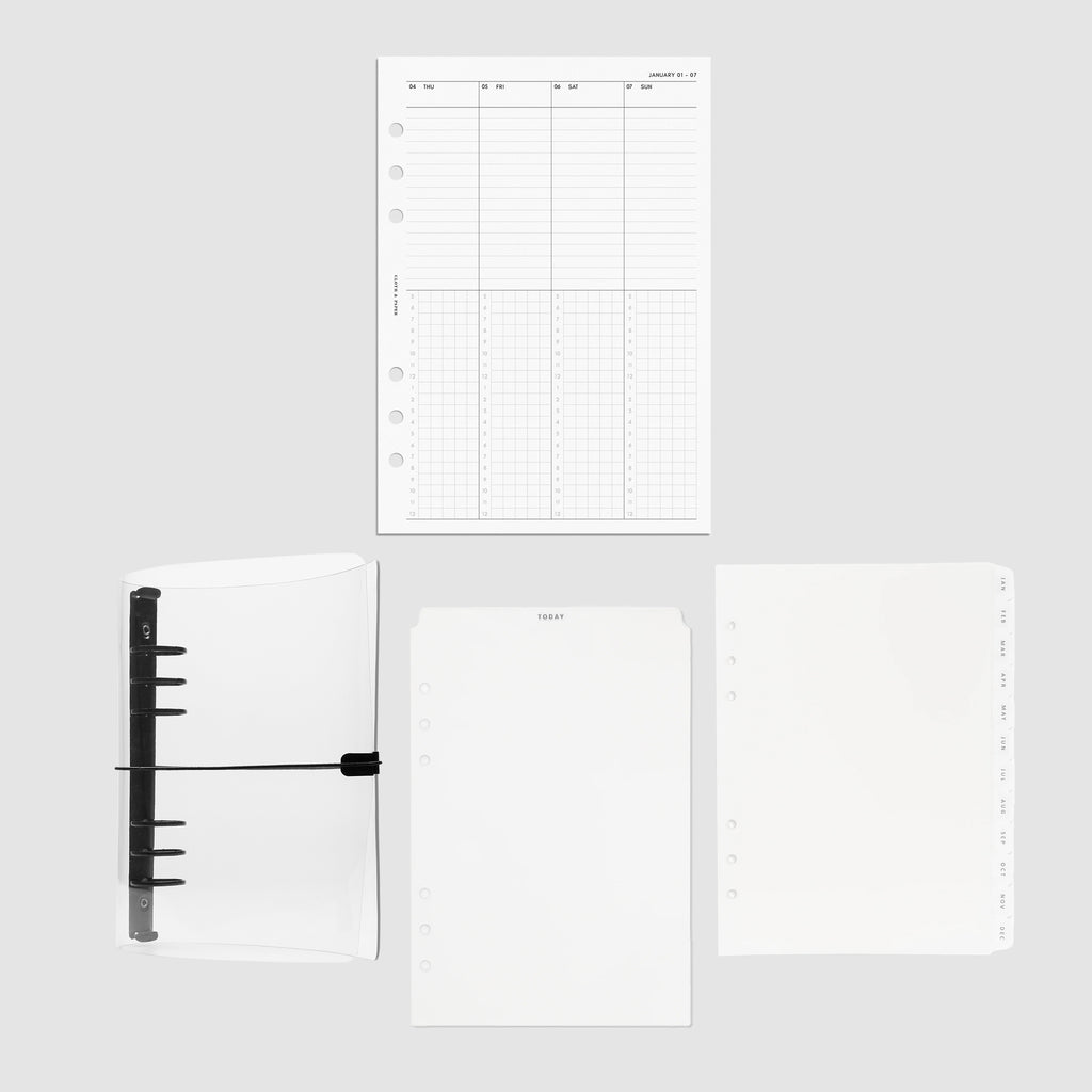 2025 Planner Bundle, Weekly Schedule, Cloth and Paper. A5 bundle contents displayed on a neutral background.