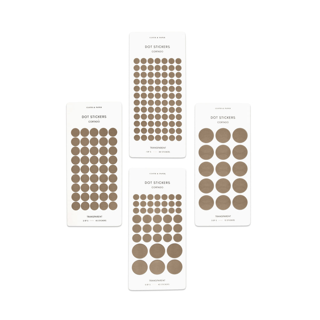 Four sheets of Cortado dot stickers in different sizes shown parallel to each other on a white background.