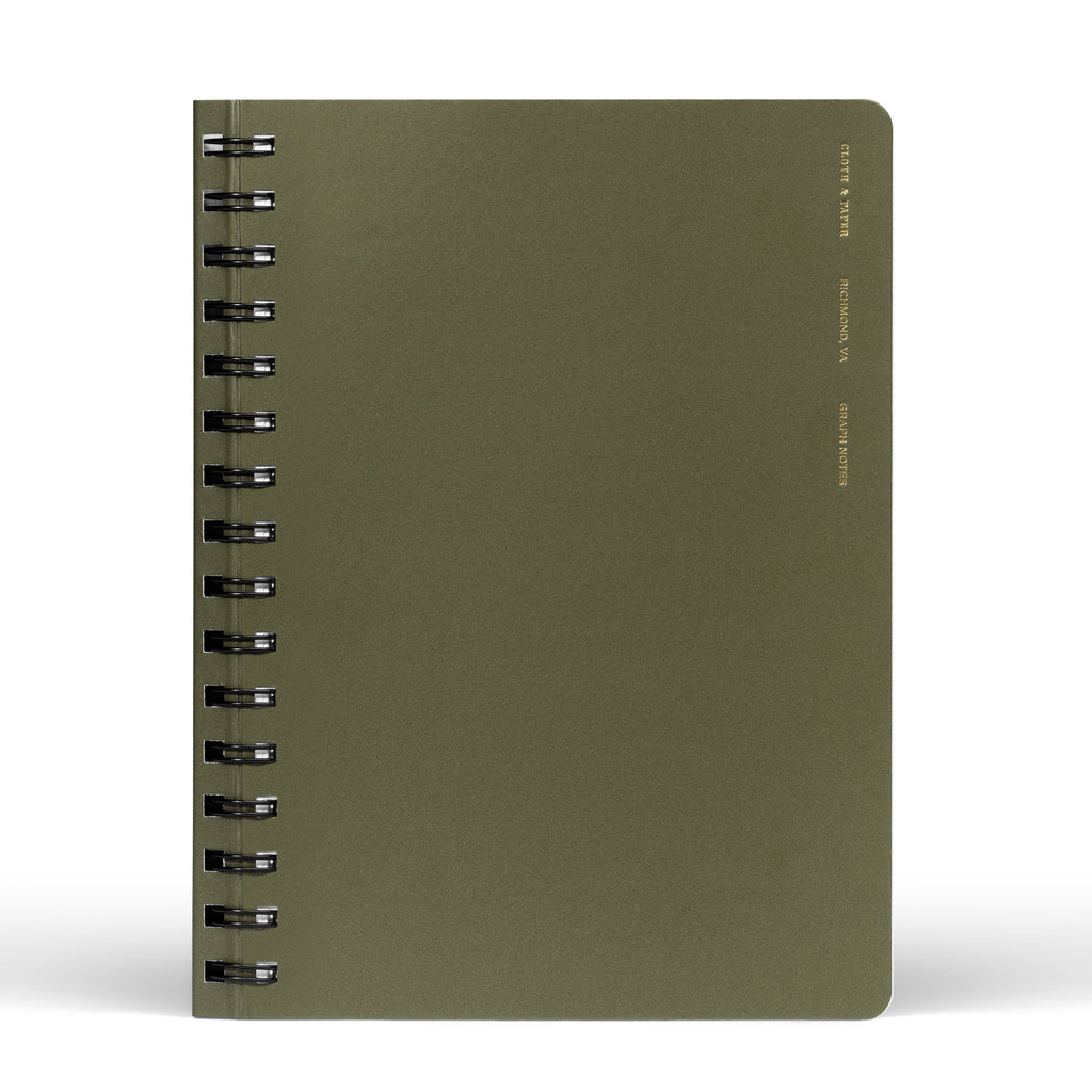 Olive notebook displayed on a white background.