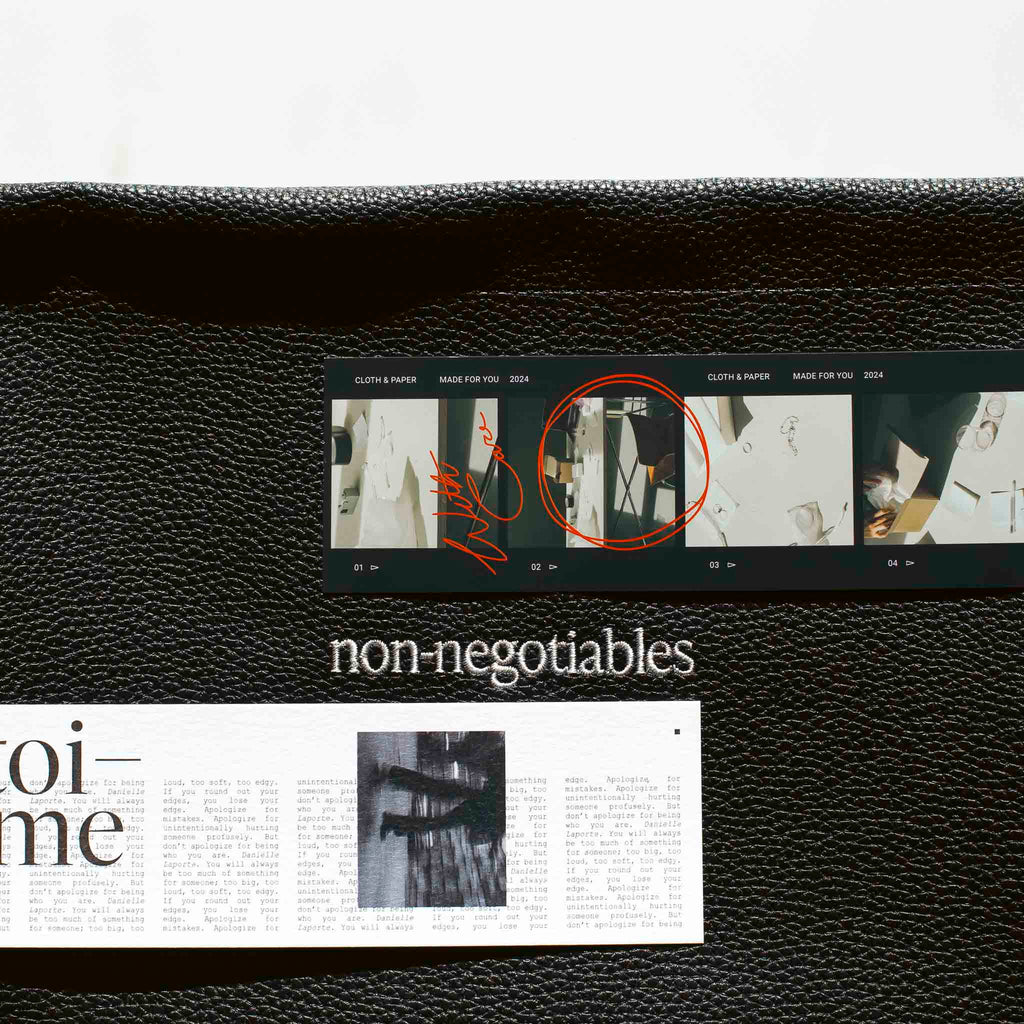 Journaling card displayed on a black leather Non-Negotiables pouch. A Photostrip Bookmark is positioned above it.