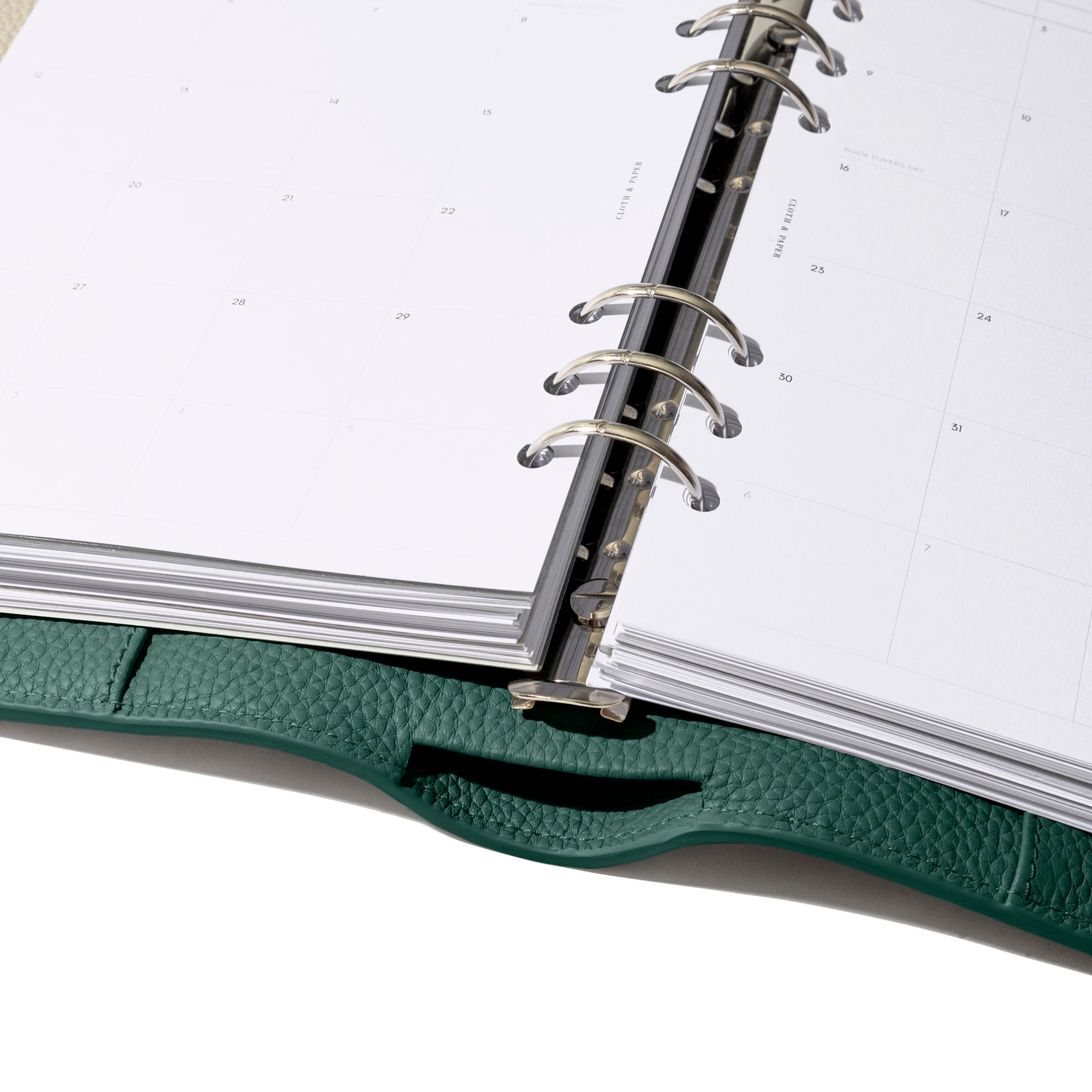 Closeup of agenda, showing its metal ring hardware and leather construction.