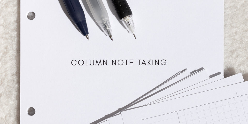 A an representing a spoiler of our new Column Note Taking Planner Insert.  Tops of some of the pages are layered on the cover page.  Three pens featured in our Penspiration and Planning + Stationery Box are resting on the cover page with their nibs present.