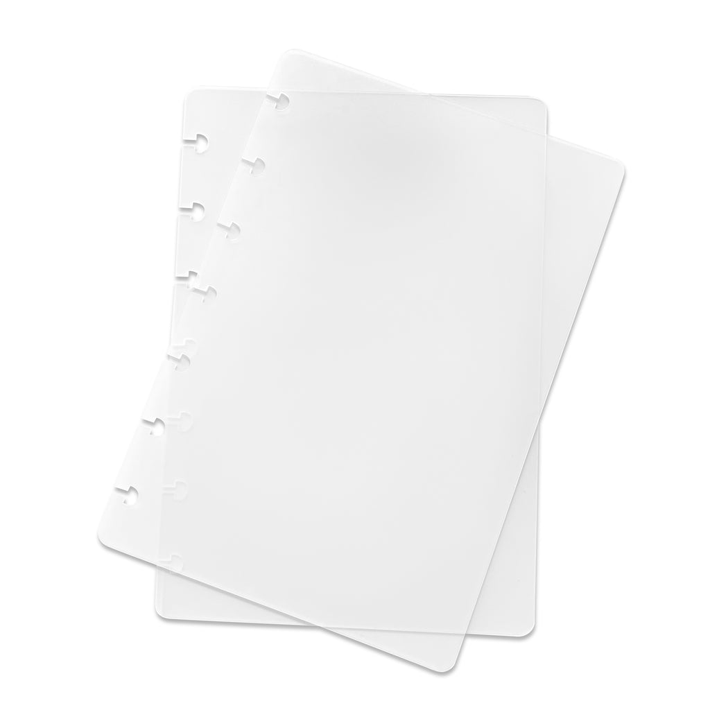 Glass Plastic Discbound Notebook Cover, HP Mini, Cloth and Paper. Two transparent notebook covers laid on top of one another with the top cover tilted slightly to the right.