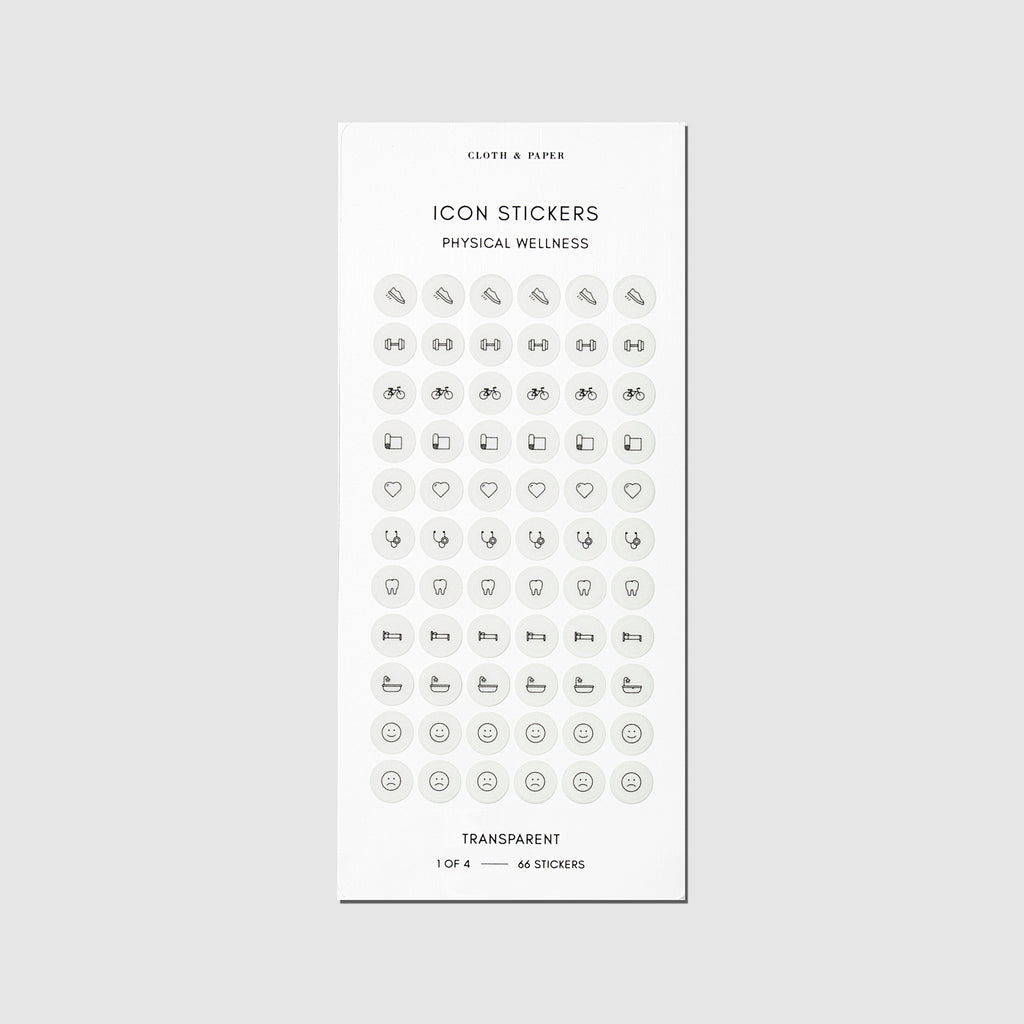 Grey physical wellness sticker sheet displayed on a neutral background. 