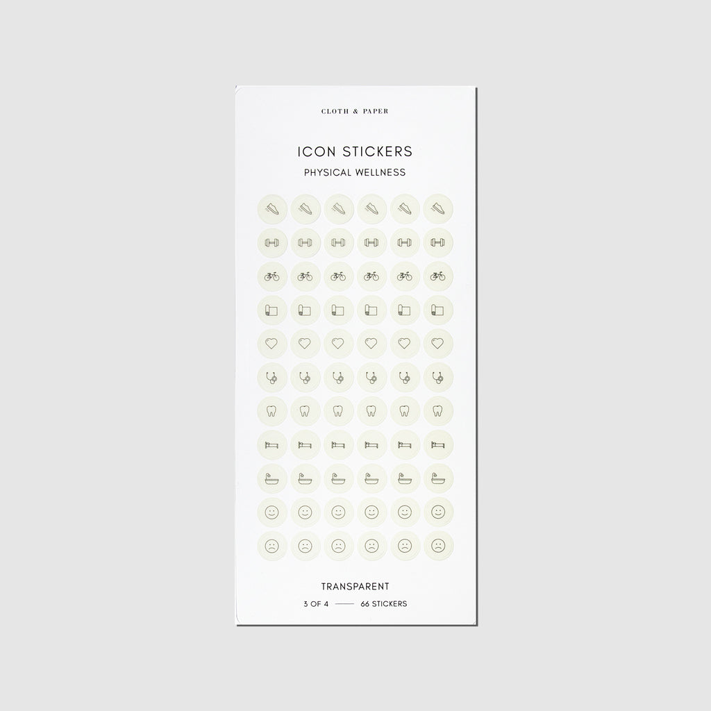 Beige physical wellness sticker sheet displayed on a neutral background. 