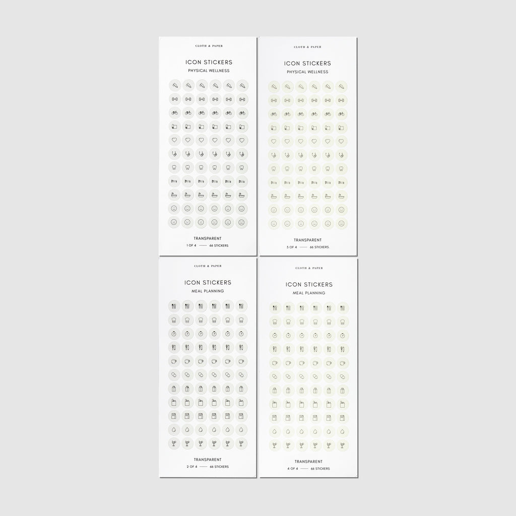 Healthy Planning Sticker Set, Cloth and Paper. Four sets of sticker sheets - meal planning and physical wellness shown in beige and grey - displayed parallel to each other on a neutral background.