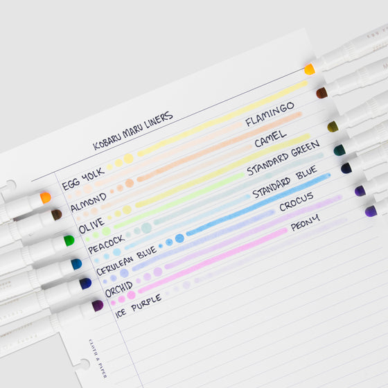 Pen test sheet showing examples of Egg Yolk, Flamingo, Almond, Camel, Olive, Standard Green, Peacock, Standard Blue, Cerulean Blue, Crocus, Orchid, Peony, Tourmaline, and Ice Purple ink. The pens are resting on the pen test sheet.